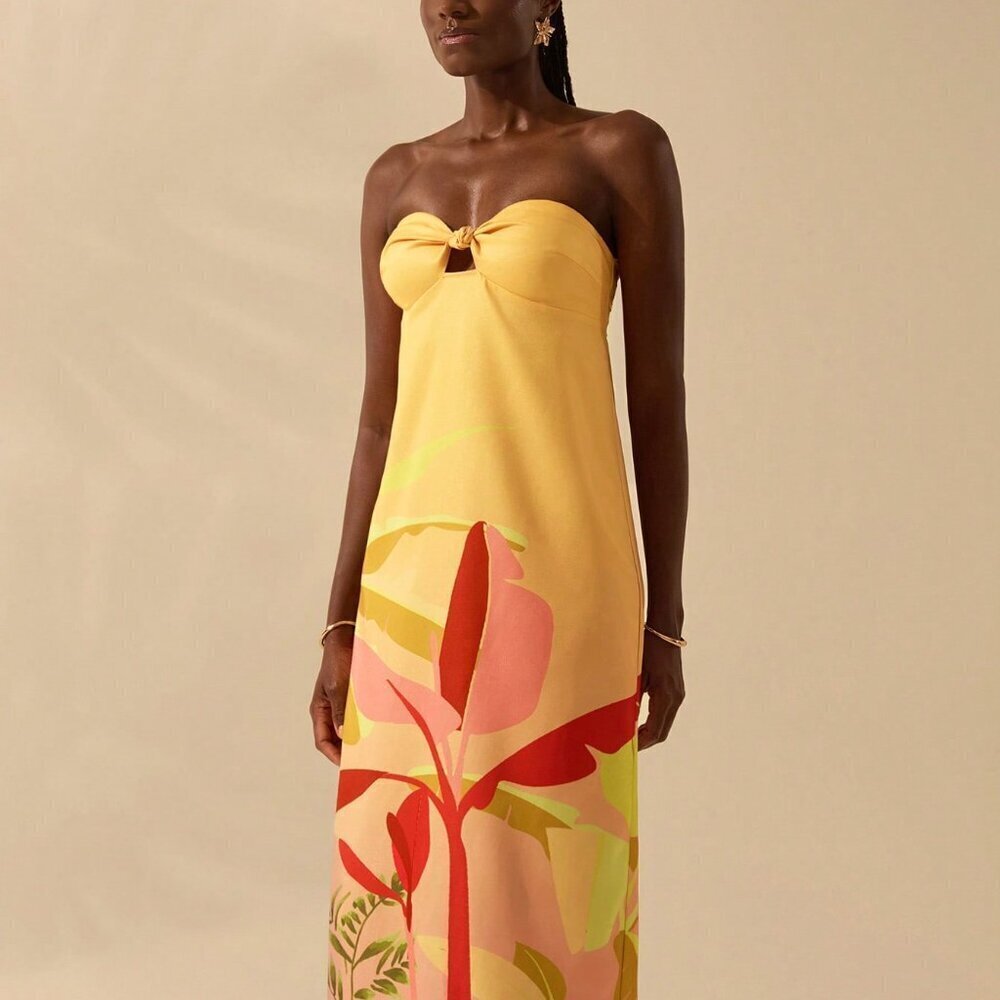 Multicolor Boho Womens Tropical Print Sleeveless Hollow Knot Tube Top Dress - Picture 3 of 7